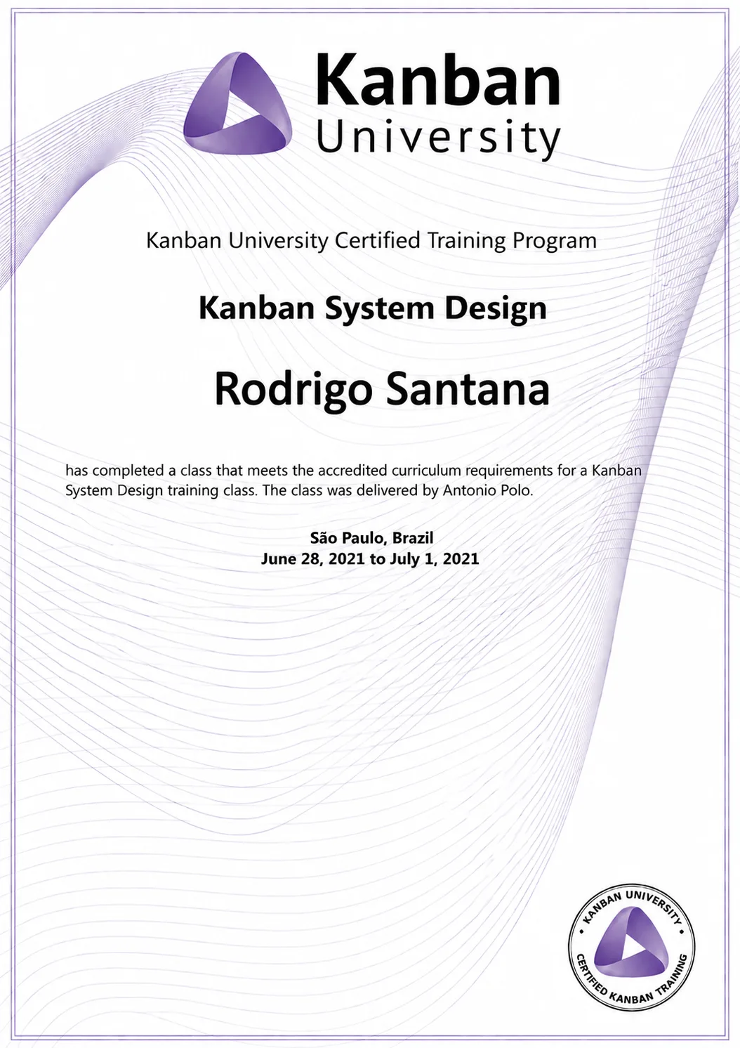 Certificado KSD   Kanban System Design, emitido pela Kanban University